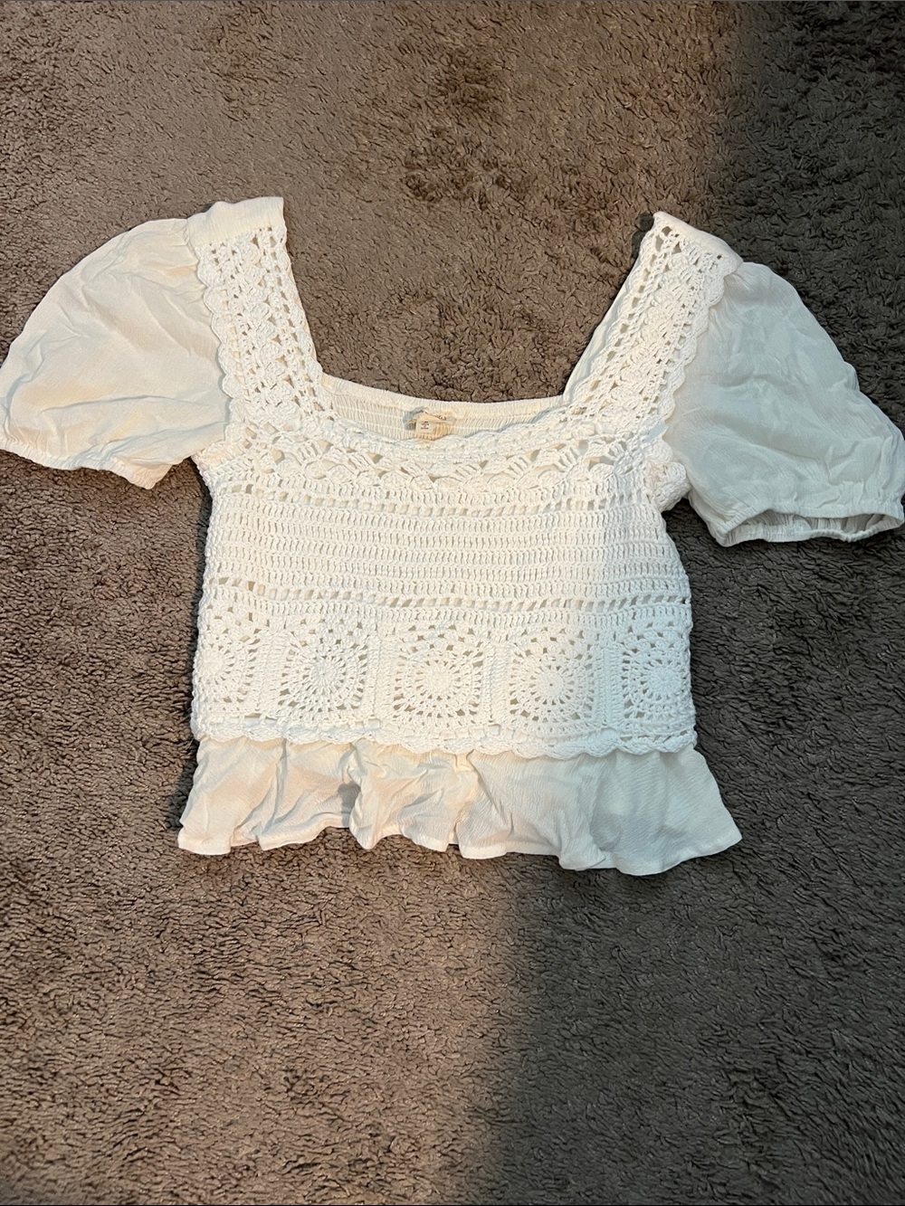 White Crochet Square-Neck Puff Sleeve Top